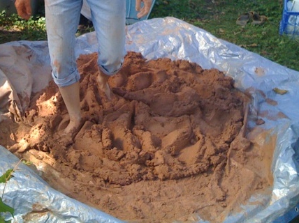 mixing cob with feet, feet, clay