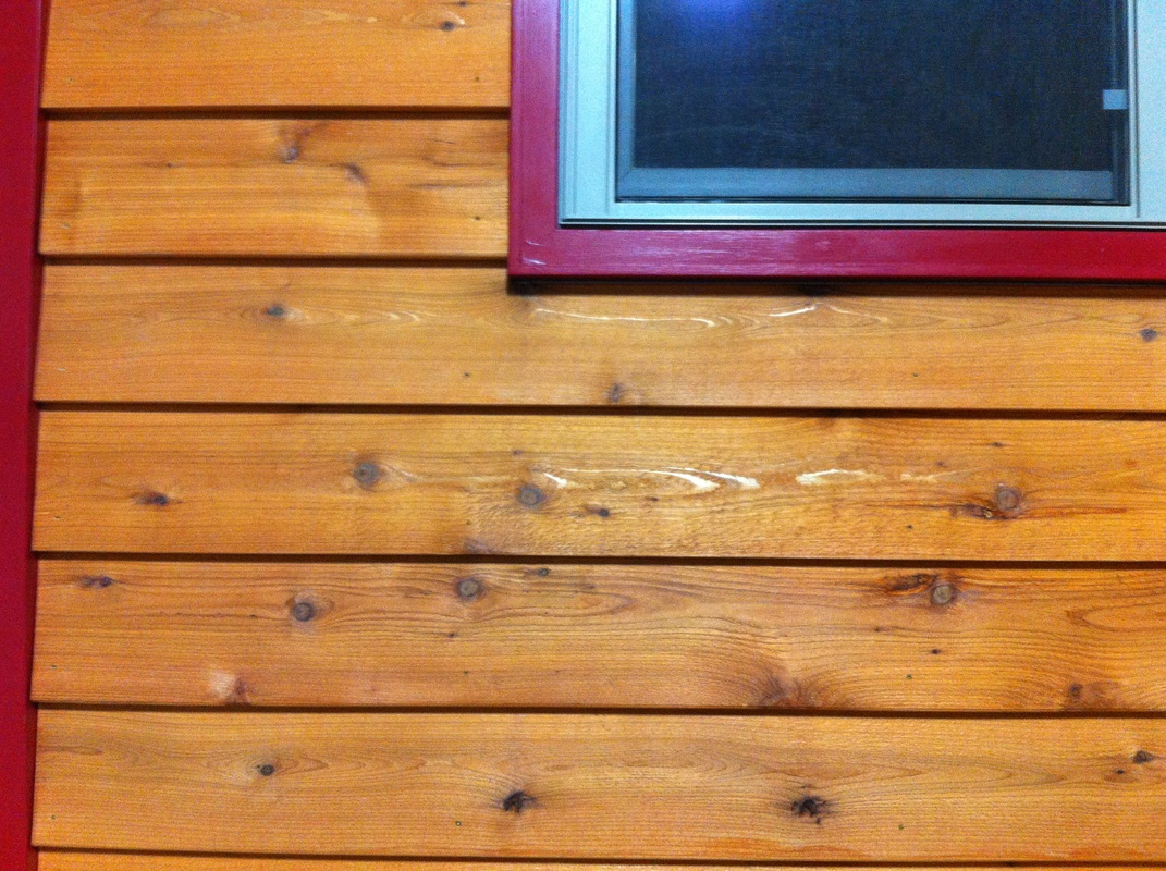 TURN ON IMAGES to see cedar siding and red trim on tiny house.